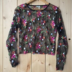 Kimchi Blue Floral Embroidered Mesh Sheer Long Sleeve Crop Top Womens Large